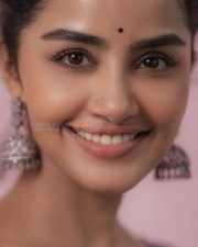 Actress Anupama Parameswaran in a Metallic Silver Grey Tissue Saree with a Contrasting Short Sleeveless Purple Blouse Photos 09