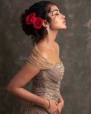 Actress Anupama Parameswaran in a Rose Champagne Gold Embroidered Gown Photos 01