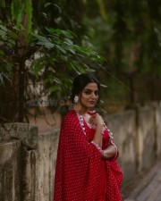 Actress Nikhila Vimal in a Red Silk Printed Cape and Skirt Photos 02