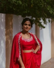 Actress Nikhila Vimal in a Red Silk Printed Cape and Skirt Photos 03