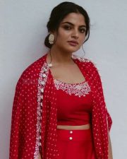 Actress Nikhila Vimal in a Red Silk Printed Cape and Skirt Photos 04