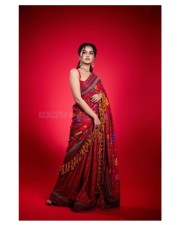 Beautiful Anupama Parameswaran in a Red Flower Printed Saree with Matching Sleevless Blouse Pictures 04