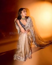 Beautiful Mrunal Thakur in a Gold Tissue Saree with Scalloped Borders with an Embroidered Silk Blouse Photos 04