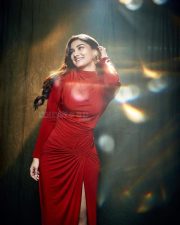 Beautiful Saiee Manjrekar in a Red Long Gown with a Thigh Slit and High Neckline Photos 02 Beautiful Saiee Manjrekar in a Red Long Gown with a Thigh Slit and High Neckline Photos 02