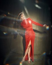 Beautiful Saiee Manjrekar in a Red Long Gown with a Thigh Slit and High Neckline Photos 03 Beautiful Saiee Manjrekar in a Red Long Gown with a Thigh Slit and High Neckline Photos 03
