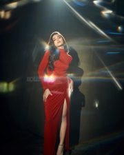 Beautiful Saiee Manjrekar in a Red Long Gown with a Thigh Slit and High Neckline Photos 08 Beautiful Saiee Manjrekar in a Red Long Gown with a Thigh Slit and High Neckline Photos 08