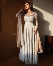 Beautiful Saiee Manjrekar in a White Anarkali at Arjun Son Of Vyjayanthi Movie Pre Release Event Photos 01