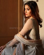 Beautiful Saiee Manjrekar in a White Anarkali at Arjun Son Of Vyjayanthi Movie Pre Release Event Photos 04