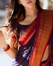 Beautifully Sexy Nabha Natesh in a Blue Silk Saree with Red Border Photos 01