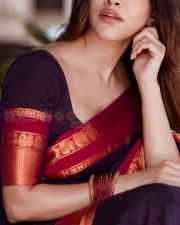 Beautifully Sexy Nabha Natesh in a Blue Silk Saree with Red Border Photos 04