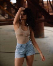 Bombshell Beauty Sobhita Dhulipala in a Beige Tank Top and Blue Denim Shorts Pictures 01