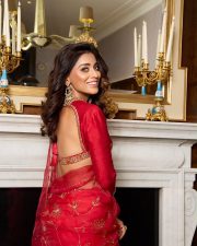 Captivating Actress Shriya Saran in a Red Organza Embroidered Saree Photos 02