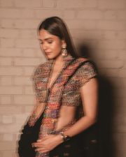 Charming Actress Mrunal Thakur in a burgundy wine sheer traditional saree with draped pallu photos 05