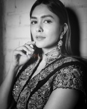 Charming Actress Mrunal Thakur in a burgundy wine sheer traditional saree with draped pallu photos 07