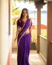Charming Actress Nabha Natesh in a Purple Bandhani Saree Photos 04