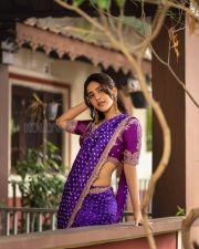 Charming Actress Nabha Natesh in a Purple Bandhani Saree Photos 07