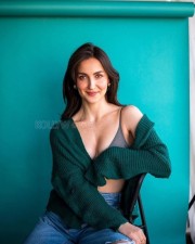 Charming Eli Avrram in a Sheer Bralette with Green Cardigan and Blue Denim Pictures 02