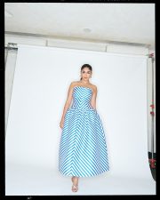 Chic Actress Mrunal Thakur in a Blue White Striped Strapless Gown Photos 03