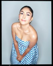 Chic Actress Mrunal Thakur in a Blue White Striped Strapless Gown Photos 08