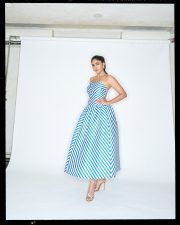 Chic Actress Mrunal Thakur in a Blue White Striped Strapless Gown Photos 09