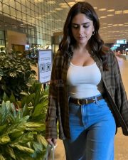 Chic Actress Mrunal Thakur in a White Tank Top and Plaid Shirt Photos 01