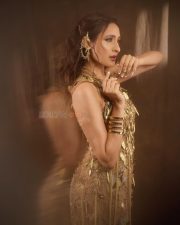 Classy Pragya Jaiswal in a Sleeveless Metallic Gold Embellished Long Dress Pictures 02