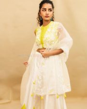 Cute Anupama Parameswaran in a Yellow Silk Chanderi Crop Top with a Matching High Waisted Sharara and Sheer Dupatta Pictures 01