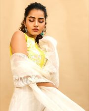 Cute Anupama Parameswaran in a Yellow Silk Chanderi Crop Top with a Matching High Waisted Sharara and Sheer Dupatta Pictures 03