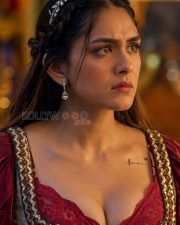 Dacoit Actress Mrunal Thakur in a Crimson Velvet Brocade Period Gown Photos 02 Dacoit Actress Mrunal Thakur in a Crimson Velvet Brocade Period Gown Photos 02