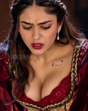 Dacoit Mrunal Thakur Cleavage in a Crimson Velvet Brocade Period Gown Photos 08 Dacoit Mrunal Thakur Cleavage in a Crimson Velvet Brocade Period Gown Photos 08