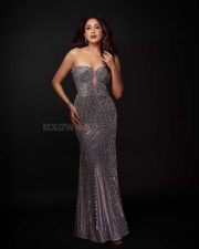 Dazzling Pragya Jaiswal in a Silver Embellished Shimmering Sleeveless Gown Photos 05