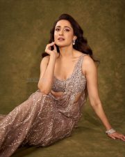 Dazzling Pragya Jaiswal in an Ivory Shimmer Tulle Saree Gown with Silver Sequins and Pearl Embroidery Photos 03