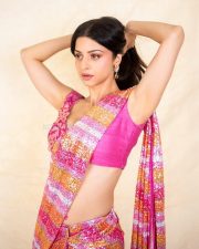 Dream Girl Vedhika Kumar Navel in a Vibrant Pink Orange and White Saree with a Sleeveless Blouse Pictures 01
