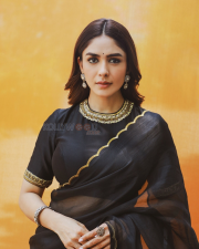 Elegant Actress Mrunal Thakur in a Black Gold Border Chiffon Saree Photos 09