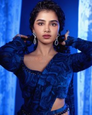Elegant Anupama Parameswaran in a Blue and Black Printed Saree Photos 08