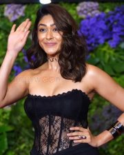 Elegant Bollywood Beauty Mrunal Thakur in a Black Strapless Maxi Dress at Maddock Party Photos 02