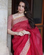 Elegant Elli AvrRam in a Traditional Red and Golden Border Saree Photos 03