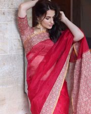 Elegant Elli AvrRam in a Traditional Red and Golden Border Saree Photos 04