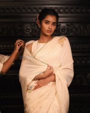 Elegant Heroine Anupama Parameswaran in a Cream Handover Floral Embroidered Saree Photos 04