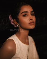Elegant Heroine Anupama Parameswaran in a Cream Handover Floral Embroidered Saree Photos 05
