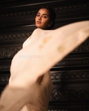 Elegant Heroine Anupama Parameswaran in a Cream Handover Floral Embroidered Saree Photos 06