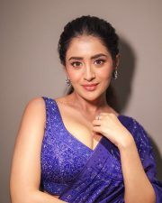 Elegant Rashi Singh in a Royal Blue Saree with a Sleeveless Deep Neck Blouse Photos 03