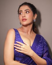 Elegant Rashi Singh in a Royal Blue Saree with a Sleeveless Deep Neck Blouse Photos 07