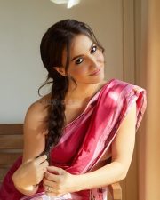 Enchanting Actress Elli Avrram in a Pink Striped Saree Photos 01