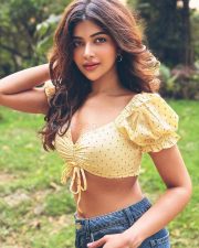 Enchanting Actress Srijita Ghosh in a yellow polka dot off shoulder crop top and denim photos 10