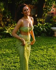 Enchanting Pragya Jaiswal in a Soft Green Strapless Bandeau Top with a Matching Draped Maxi Skirt Photos 02