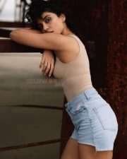 Enchanting Sobhita Dhulipala in a Beige Tank Top and Blue Denim Shorts Photos 03