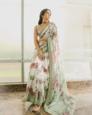 Ethereal Actress Mithila Palkar in a White Floral Printed Saree Sage Green Border Photos 02