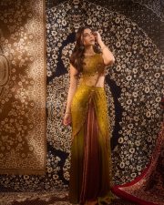 Ghani Heroine Saiee Manjrekar in a Green Red Gold Satin Silk Saree with an Embroidered Sleeveless Blouse Pictures 06