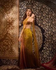 Ghani Heroine Saiee Manjrekar in a Green Red Gold Satin Silk Saree with an Embroidered Sleeveless Blouse Pictures 08